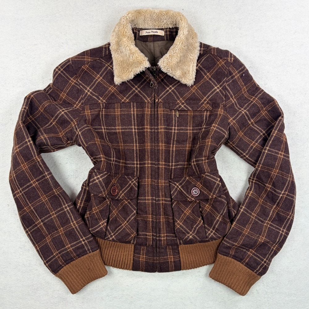 Free People Vintage Y2K Brown Plaid Wool Bomber Jacket Fur Collar Womens Small